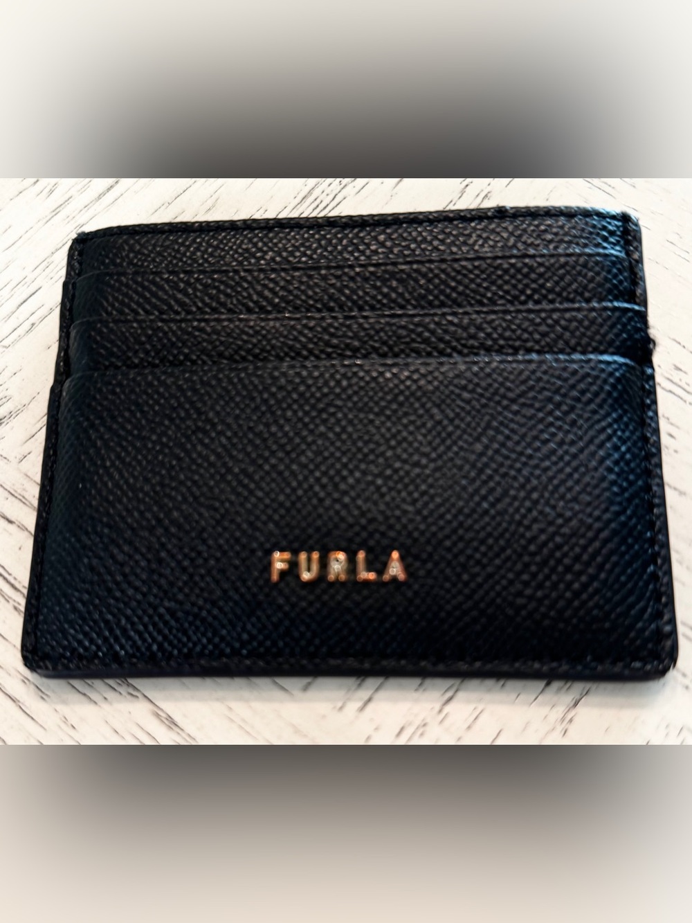 Furla Black Textured Leather Card Holder Gold Tone Logo Card Case - Picture 2 of 10